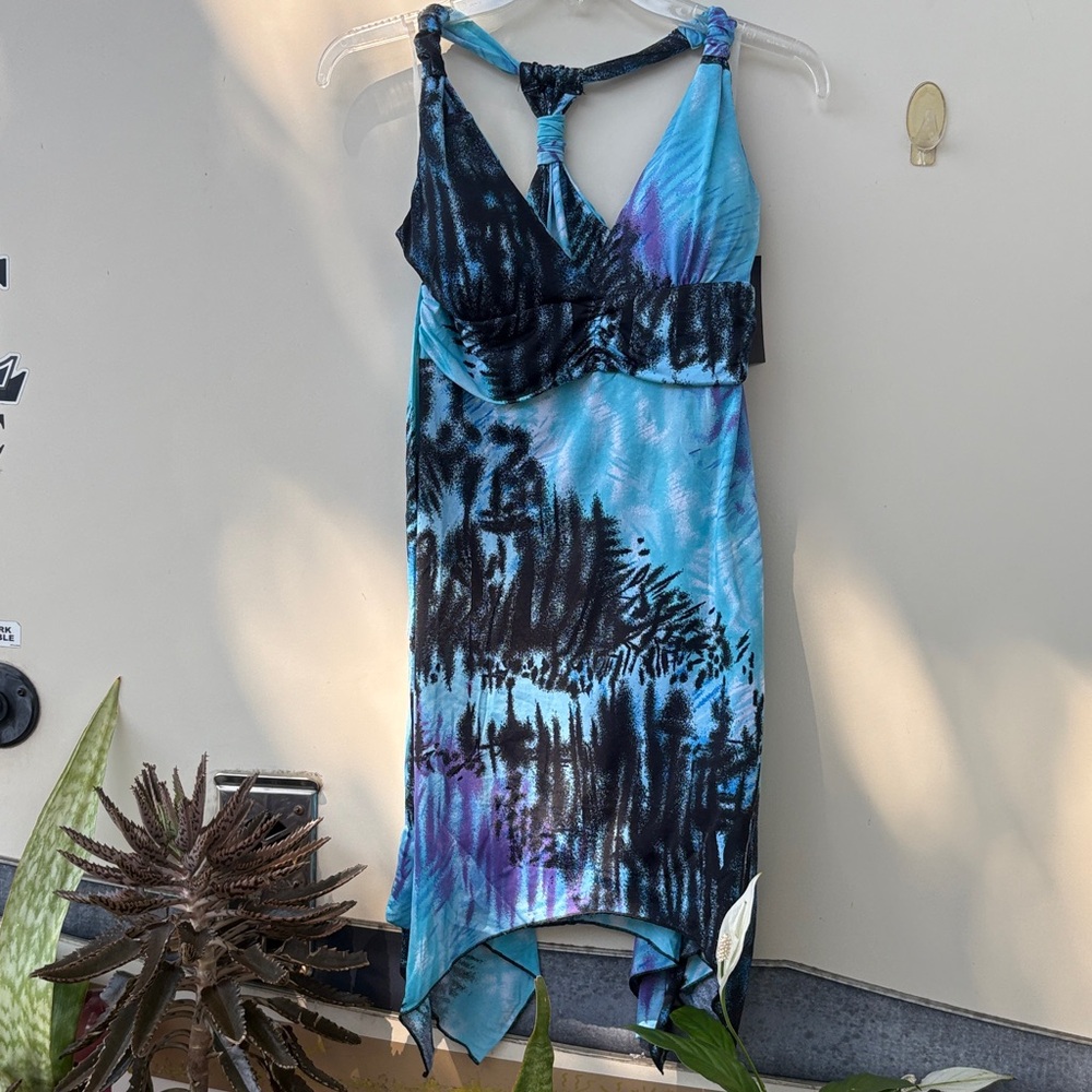 Blue & Black Tie-Dye Halter Dress